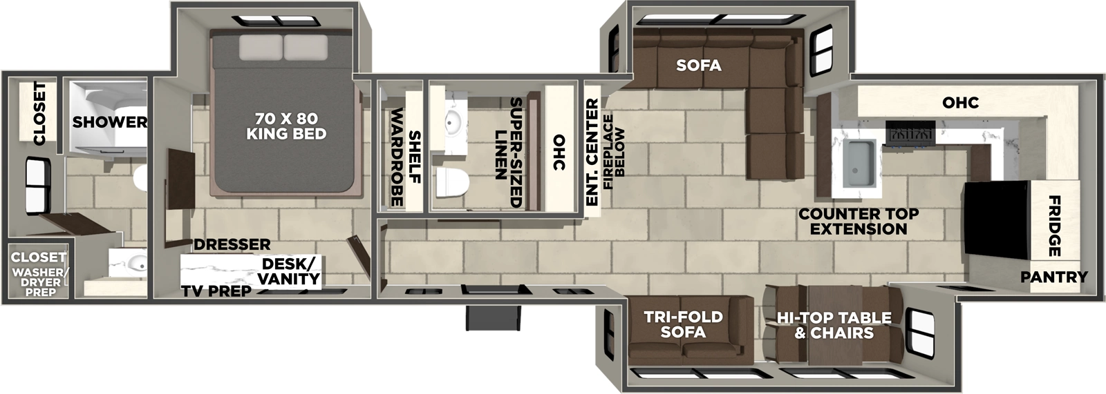 The LaCrosse 39FK floorplan has one entry and three slide outs. Exterior features include: fiberglass exterior. Interiors features include: front kitchen, rear bathroom and bathroom and a half.